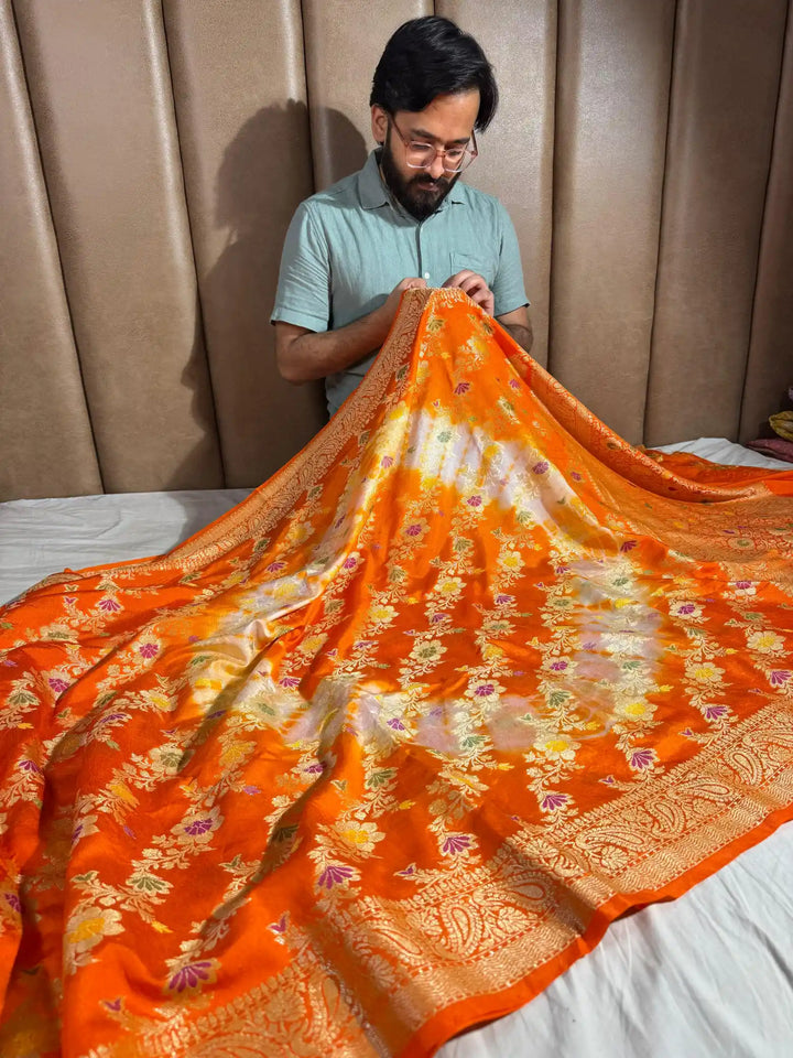 Bandhani Dye shade banarasi warm silk saree with exclusive heritage design pattern and rich pallu