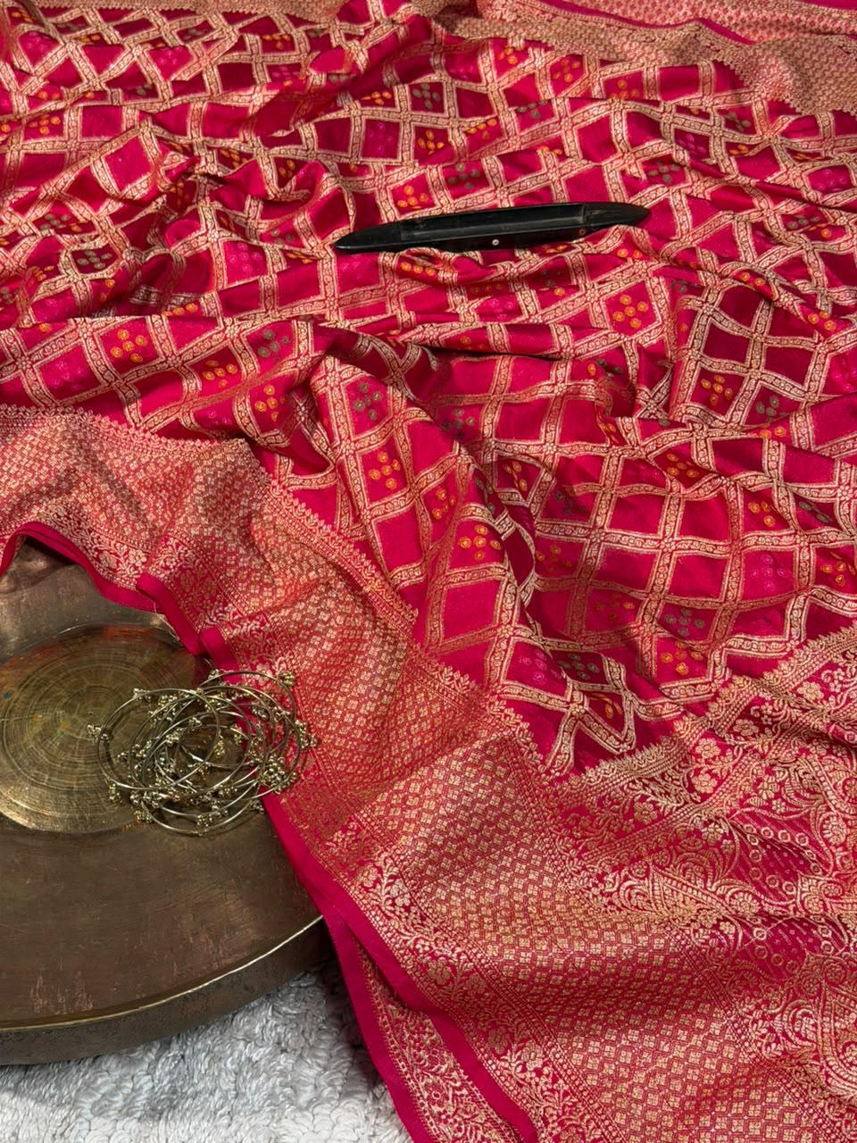 Bandhani Weave Warm Silk Banarasi Saree In Rani Shade