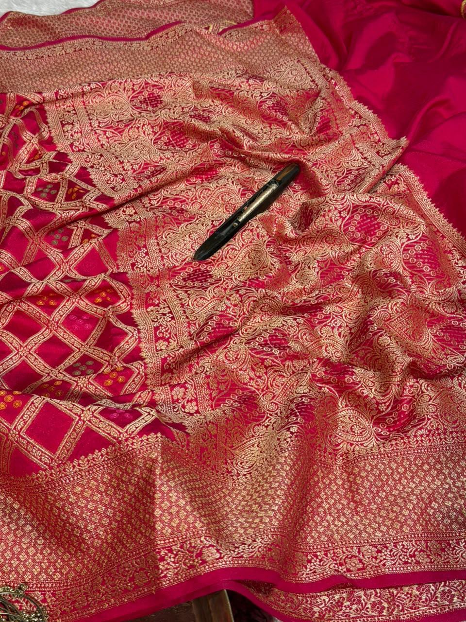 Bandhani Weave Warm Silk Banarasi Saree In Rani Shade