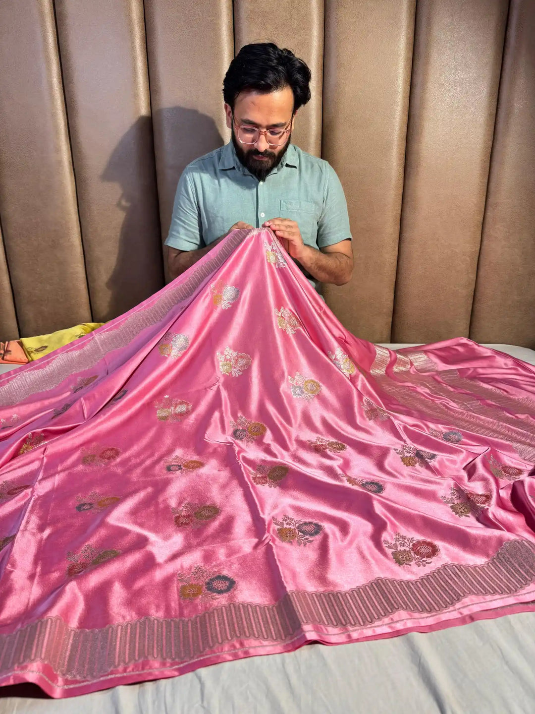 Barbie Pink Banarasi Mashru Katan Silk Handbrush Saree with Rich Pallu and Blouse