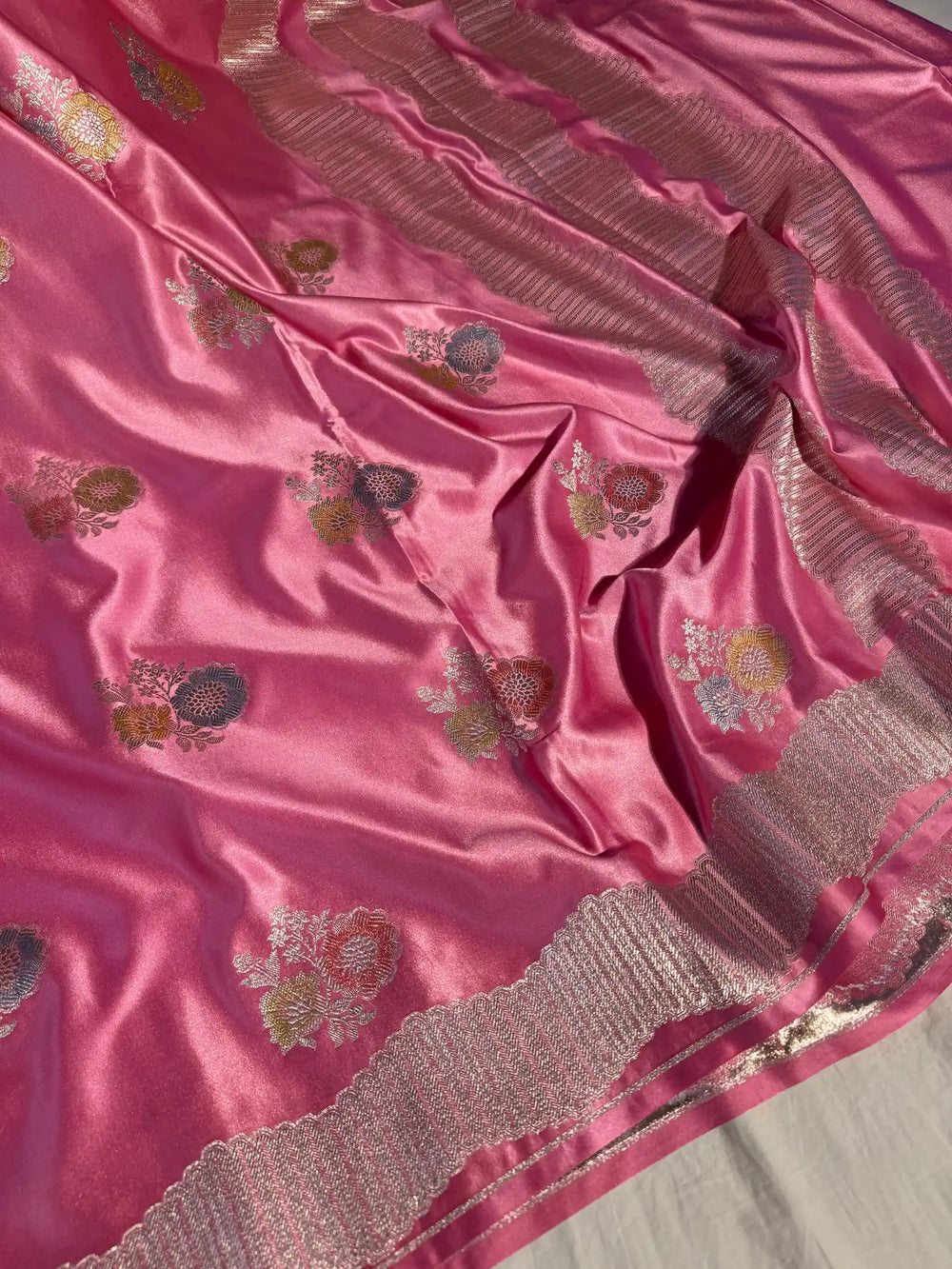 Barbie Pink Banarasi Mashru Katan Silk Handbrush Saree with Rich Pallu and Blouse
