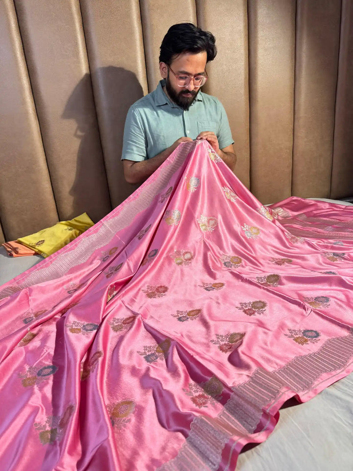Barbie Pink Banarasi Mashru Katan Silk Handbrush Saree with Rich Pallu and Blouse