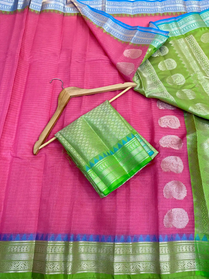 Barbie Pink Dharmavaram Cotton Silk Checks Weave Banarasi Saree