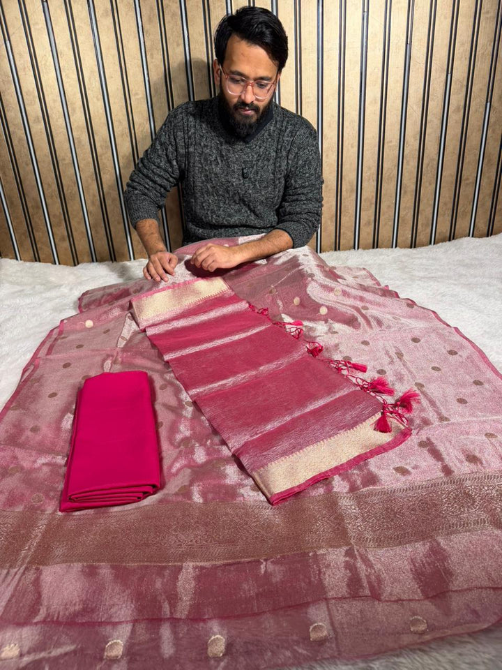 Barbie Pink Kora Tissue Silk Banarasi Suit