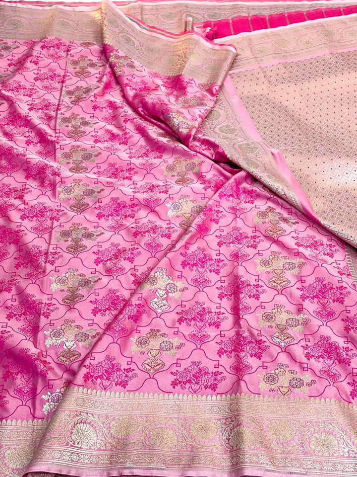 Barbie Pink Mashru Katan Silk Meenakari Weave Banarasi Saree