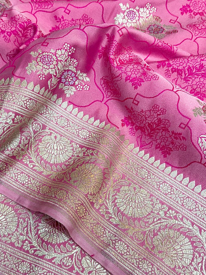 Barbie Pink Mashru Katan Silk Meenakari Weave Banarasi Saree