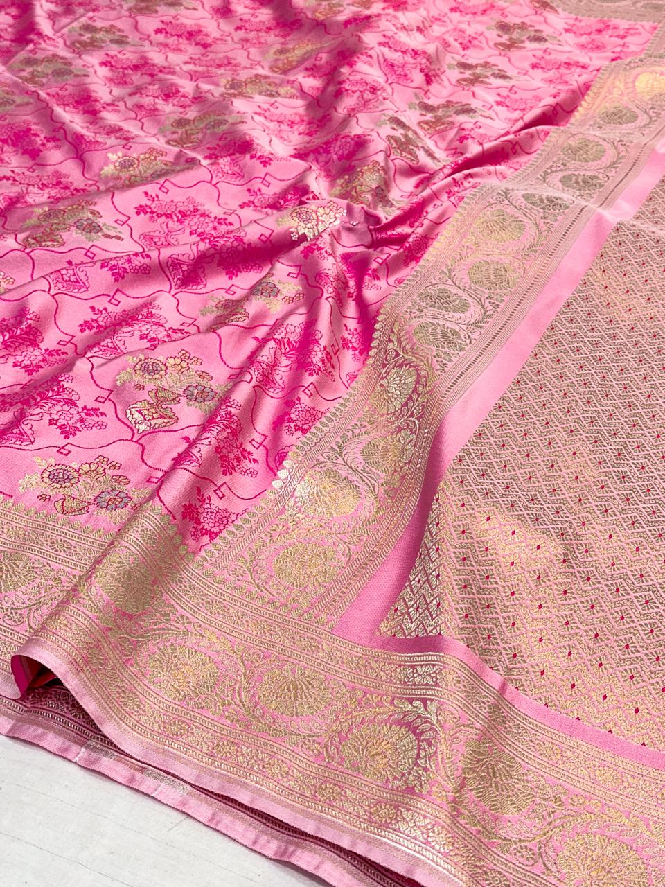 Barbie Pink Mashru Katan Silk Meenakari Weave Banarasi Saree