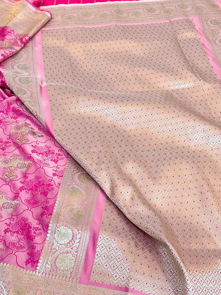 Barbie Pink Mashru Katan Silk Meenakari Weave Banarasi Saree