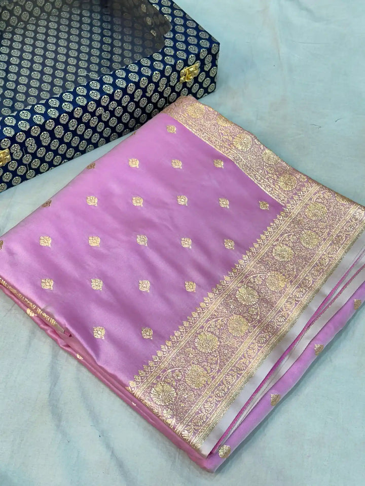Barbie Pink Satin Katan Silk Zari Buti Banarasi Saree