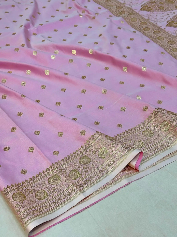 Barbie Pink Satin Katan Silk Zari Buti Banarasi Saree