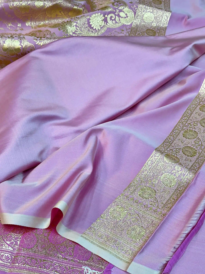 Barbie Pink Satin Katan Silk Zari Buti Banarasi Saree