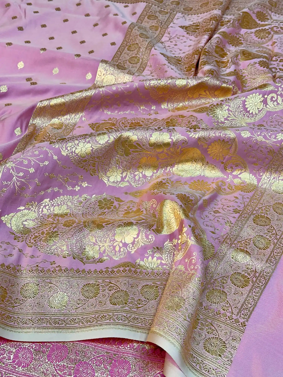 Barbie Pink Satin Katan Silk Zari Buti Banarasi Saree