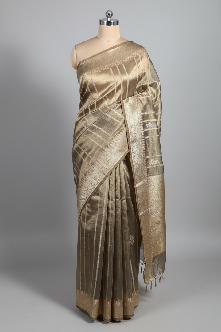 Beige Brown Kora Tissue Silk Contemporary Meenakari Weave Banarasi Saree