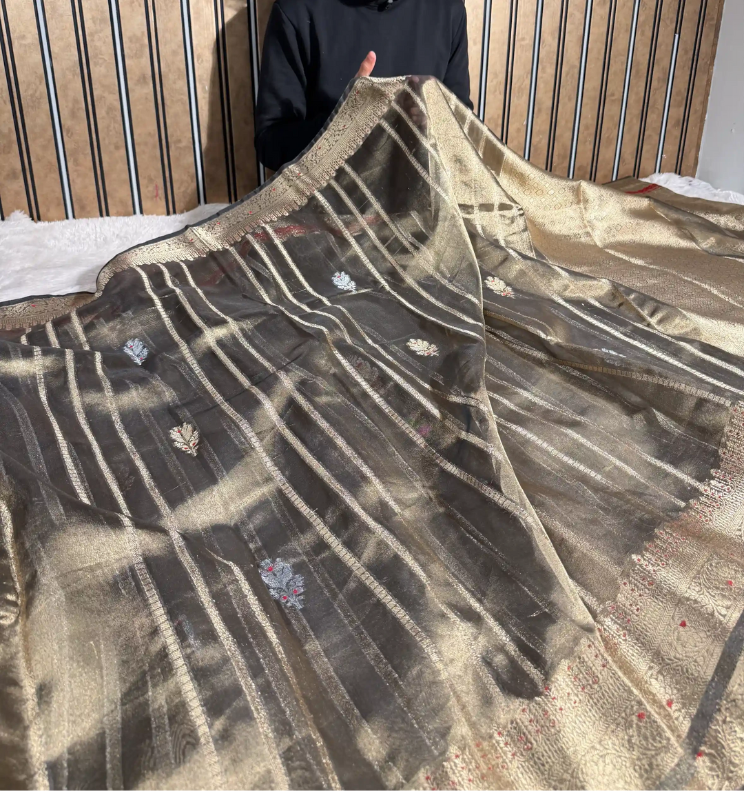 Beige Brown Kora Tissue Silk Contemporary Meenakari Weave Banarasi Saree