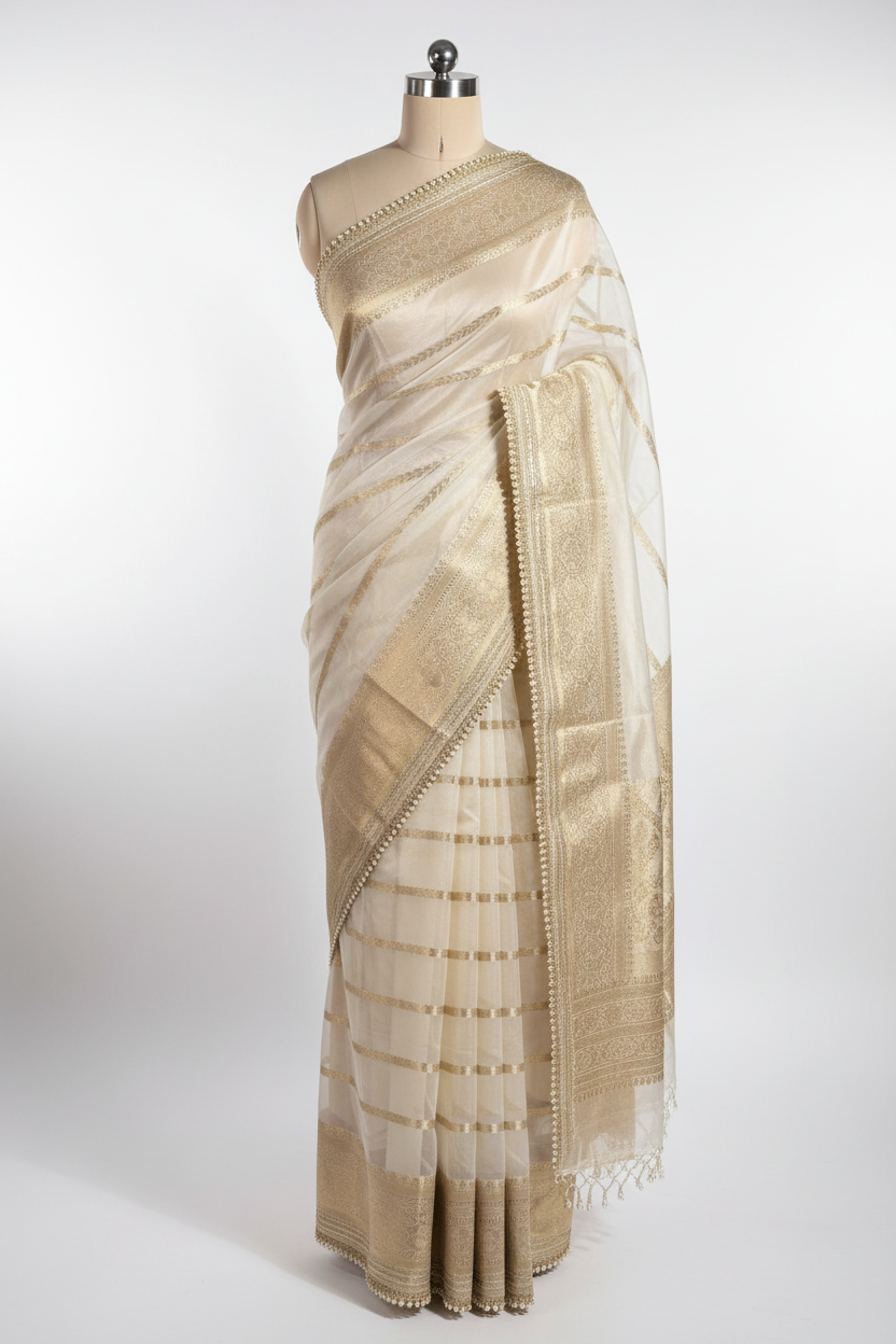 Ivory banarasi organza silk saree with premium lace work