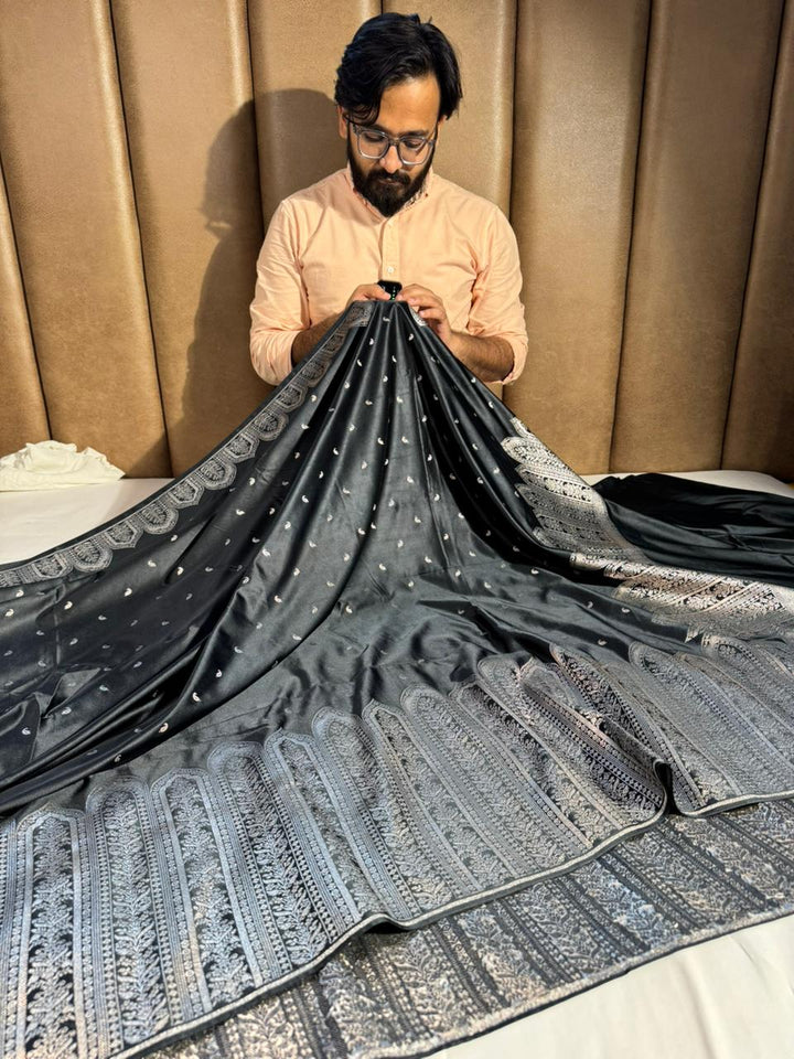 Black Banarasi Mashru Katan Silk saree with rich pallu and makbara unique border