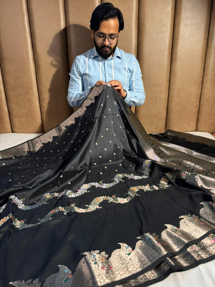 Black Banarasi Semi Katan Silk Saree with Rich Pallu and Blouse