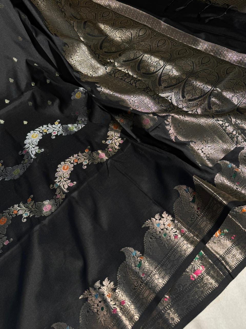 Black Banarasi Semi Katan Silk Saree with Rich Pallu and Blouse