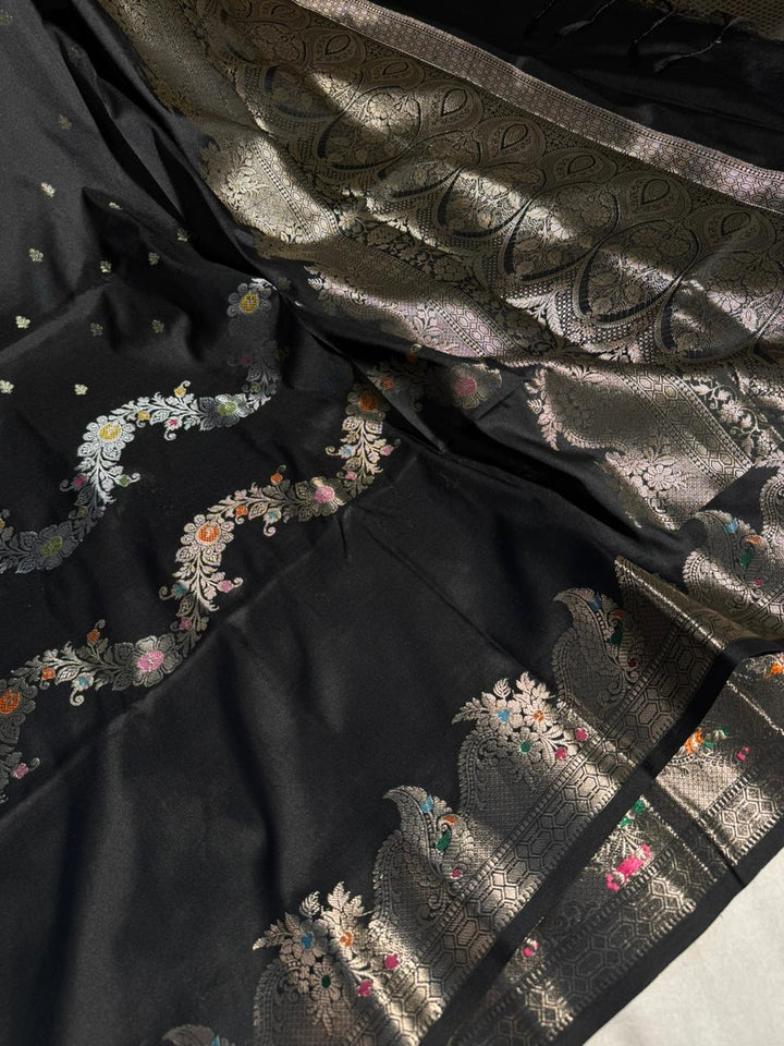 Black Banarasi Semi Katan Silk Saree with Rich Pallu and Blouse