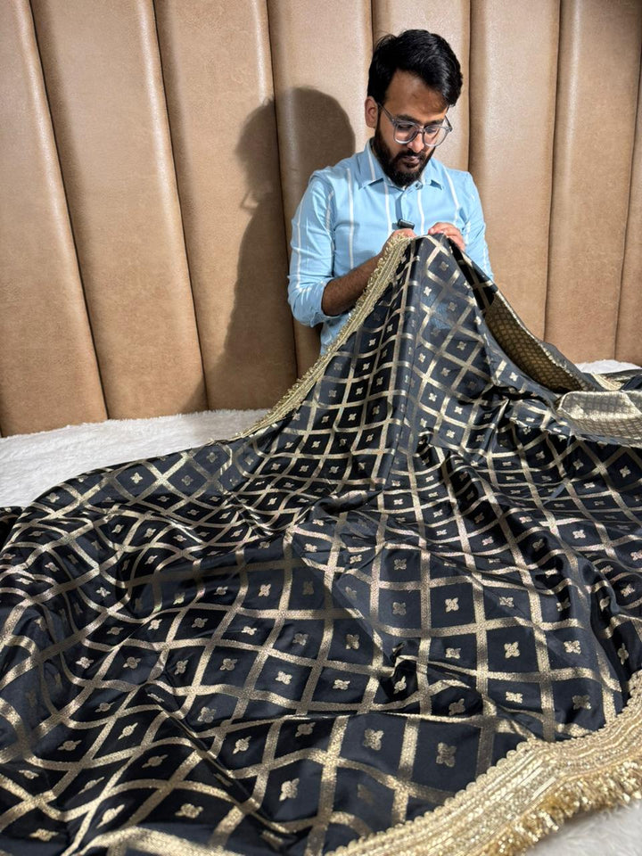 Black Chinia Silk Checkered Designer Banarasi Saree