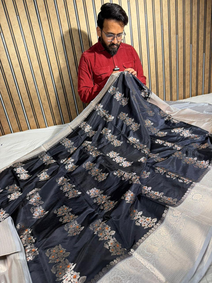 Black Contrast Banana Silk Meenakari Weave Banarasi Saree