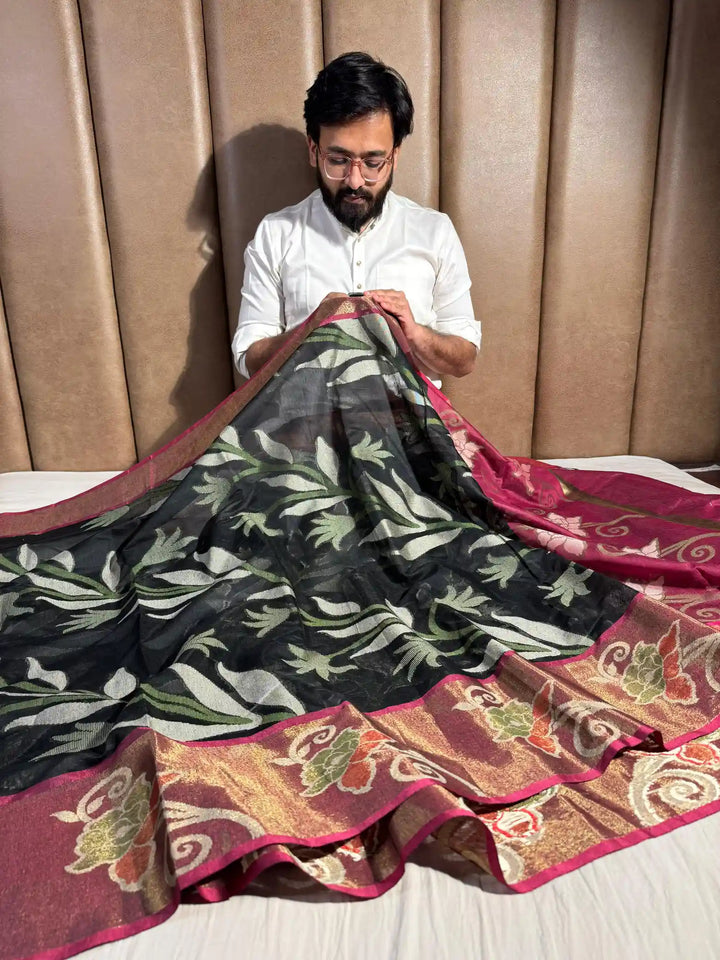Black Cotton Pochampally Saree with Very Fine Quality Weaved Technique and Texture Zari Border