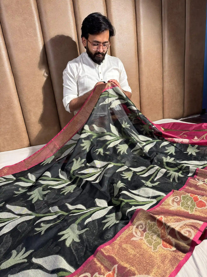 Black Cotton Pochampally Saree with Very Fine Quality Weaved Technique and Texture Zari Border