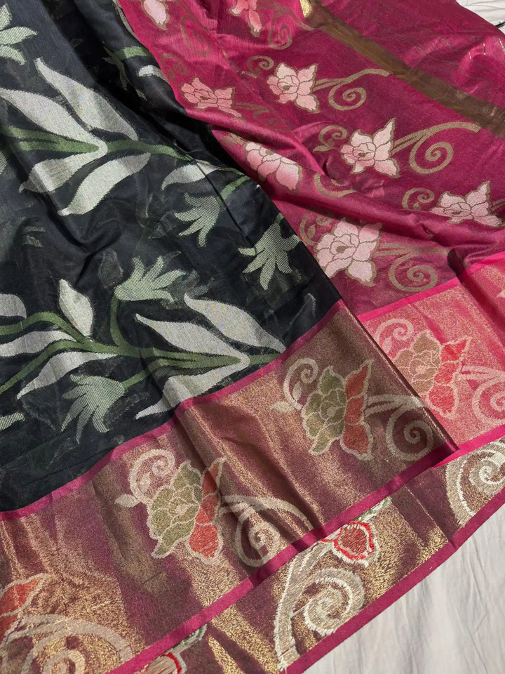 Black Cotton Pochampally Saree with Very Fine Quality Weaved Technique and Texture Zari Border