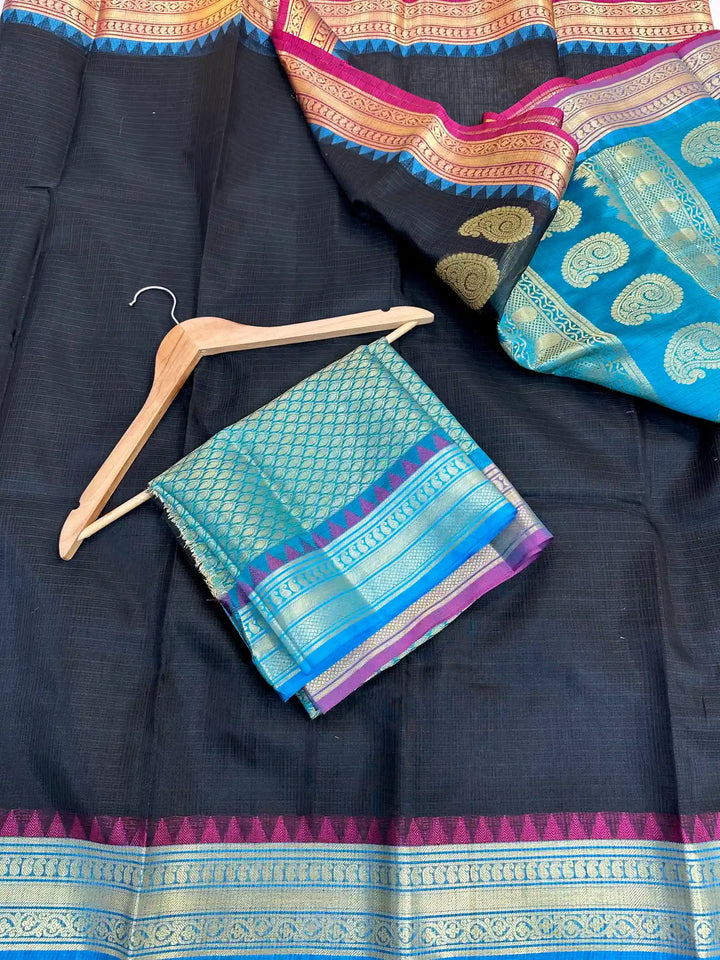 Black Dharmavaram Cotton Silk Checks Weave Banarasi Saree