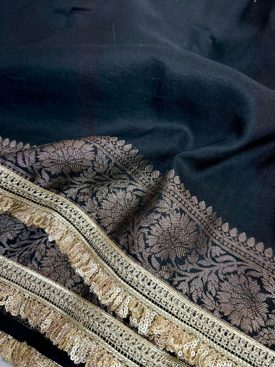 Black Mysore Silk Designer Lace Attached Banarasi Saree