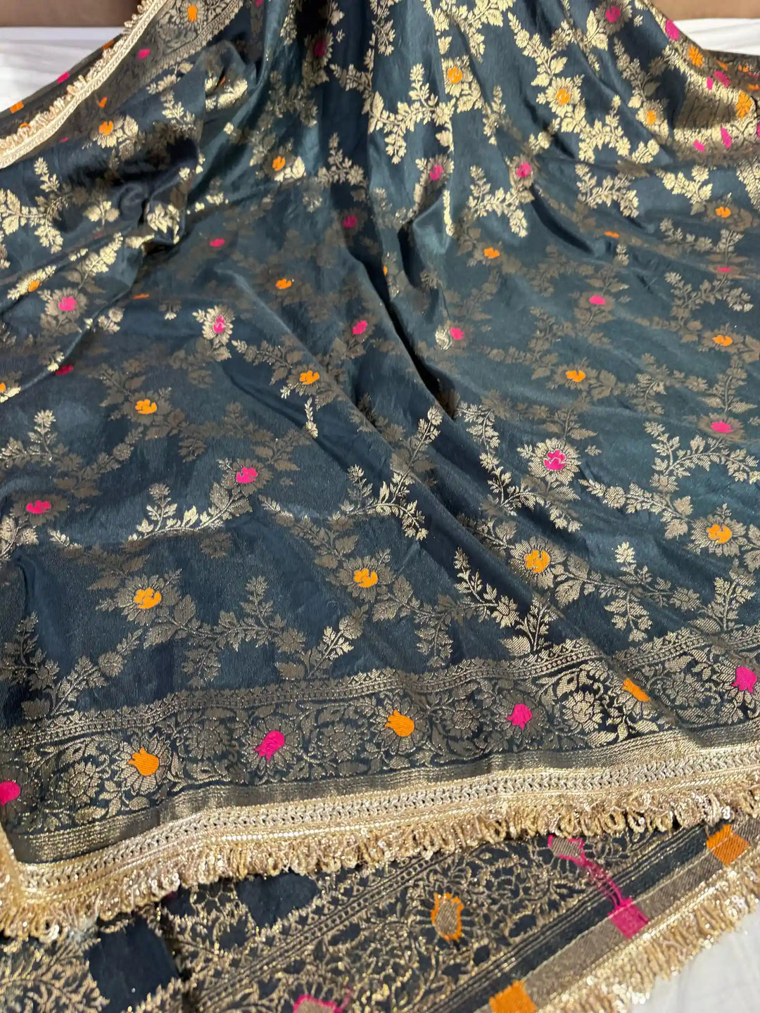 Black Premium Banarasi Meenakari Warm Silk Saree with Lace Work 