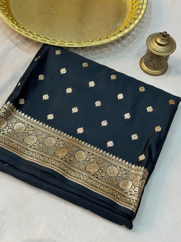 Black Satin Silk Saree with Buta Dots Design and Classical Pallu