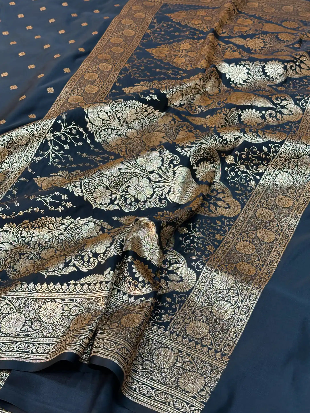 Black Satin Silk Saree with Buta Dots Design and Classical Pallu