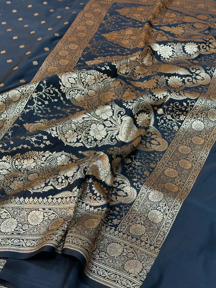 Black Satin Silk Saree with Buta Dots Design and Classical Pallu