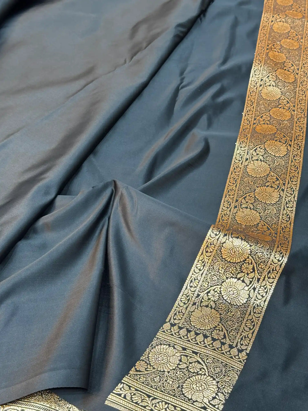 Black Satin Silk Saree with Buta Dots Design and Classical Pallu