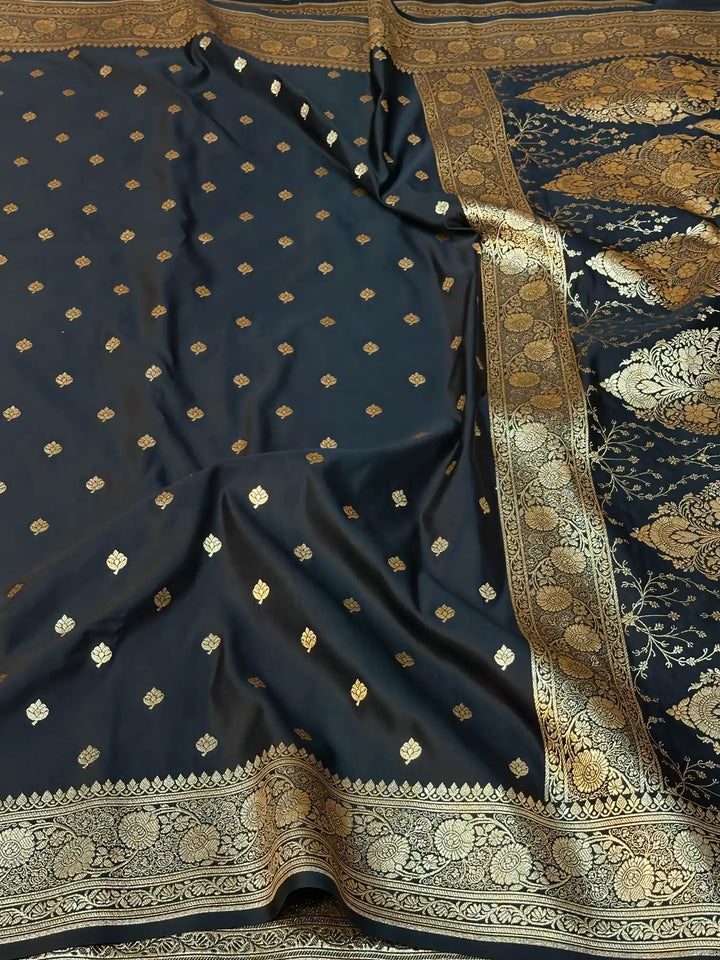 Black Satin Silk Saree with Buta Dots Design and Classical Pallu
