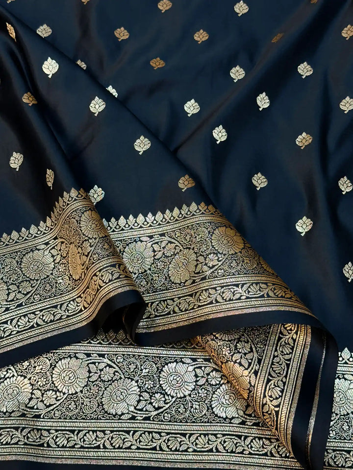 Black Satin Silk Saree with Buta Dots Design and Classical Pallu