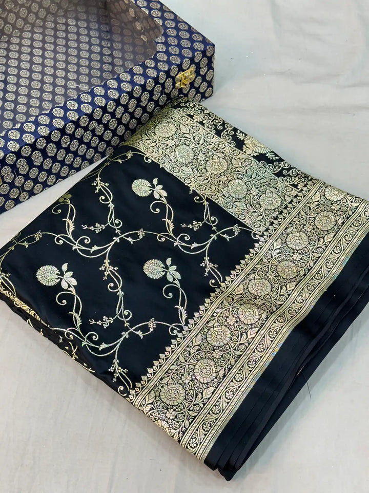 Black Satin Silk Saree with Rich Texture Design and Classical Pallu
