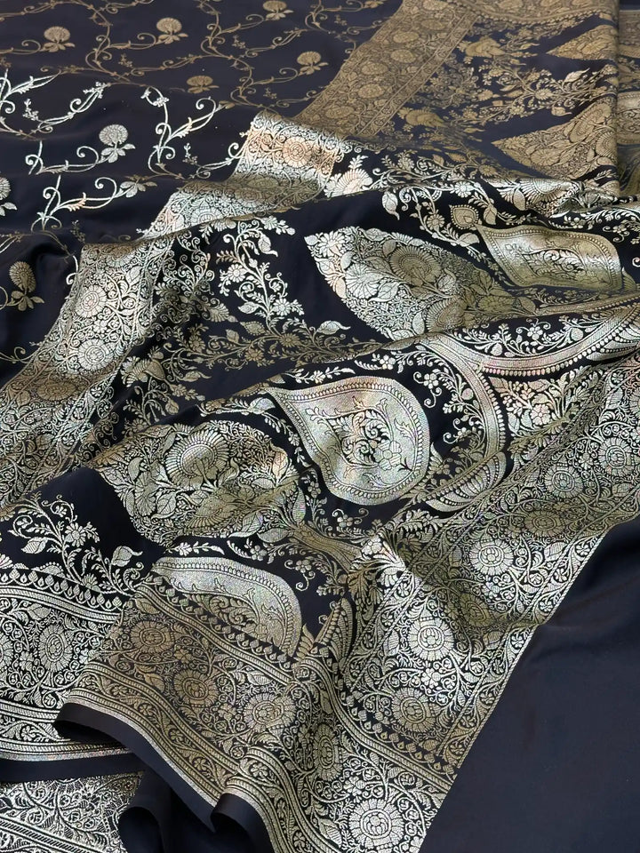 Black Satin Silk Saree with Rich Texture Design and Classical Pallu
