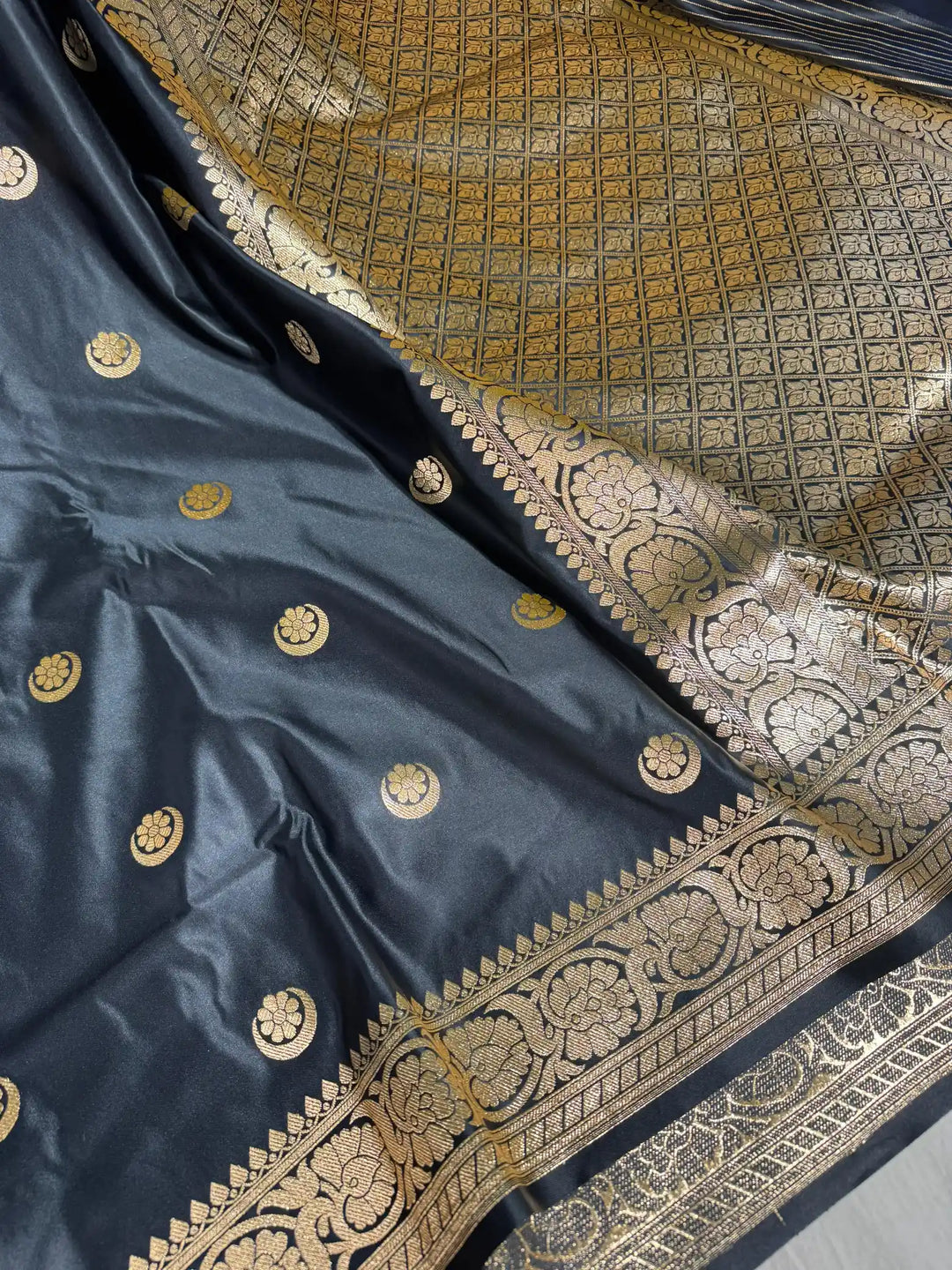 Black Satin Silk Saree with Rich Texture Design and Classical Pallu