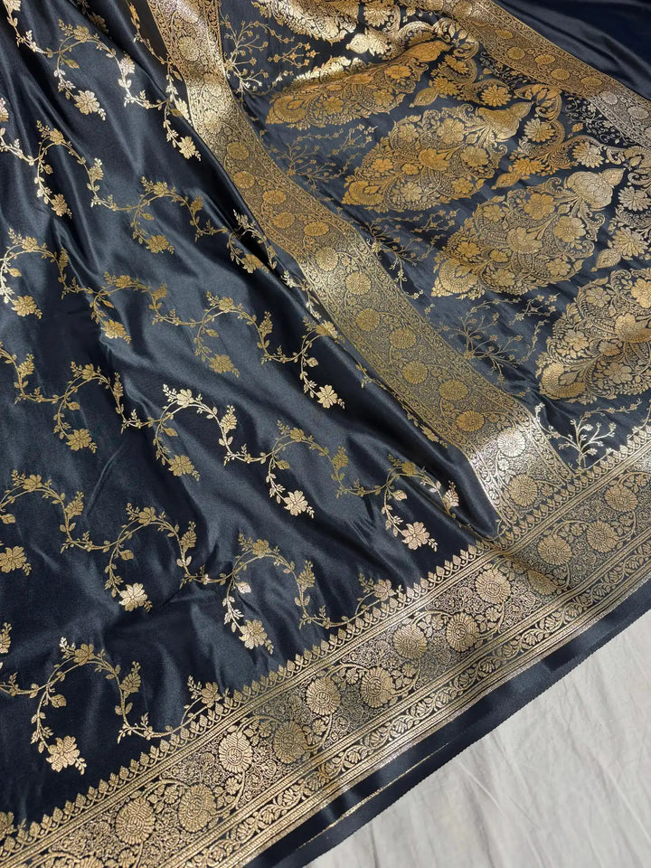Black Satin Silk Saree with Rich Texture Design and Classical Pallu