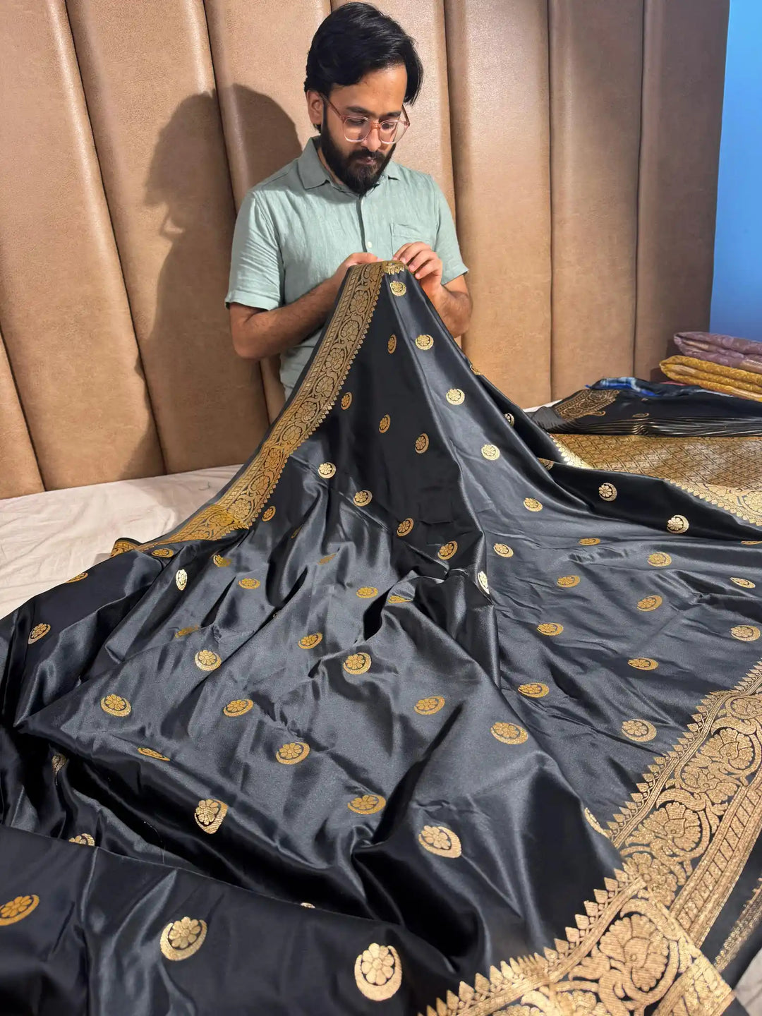 Black Satin Silk Saree with Rich Texture Design and Classical Pallu