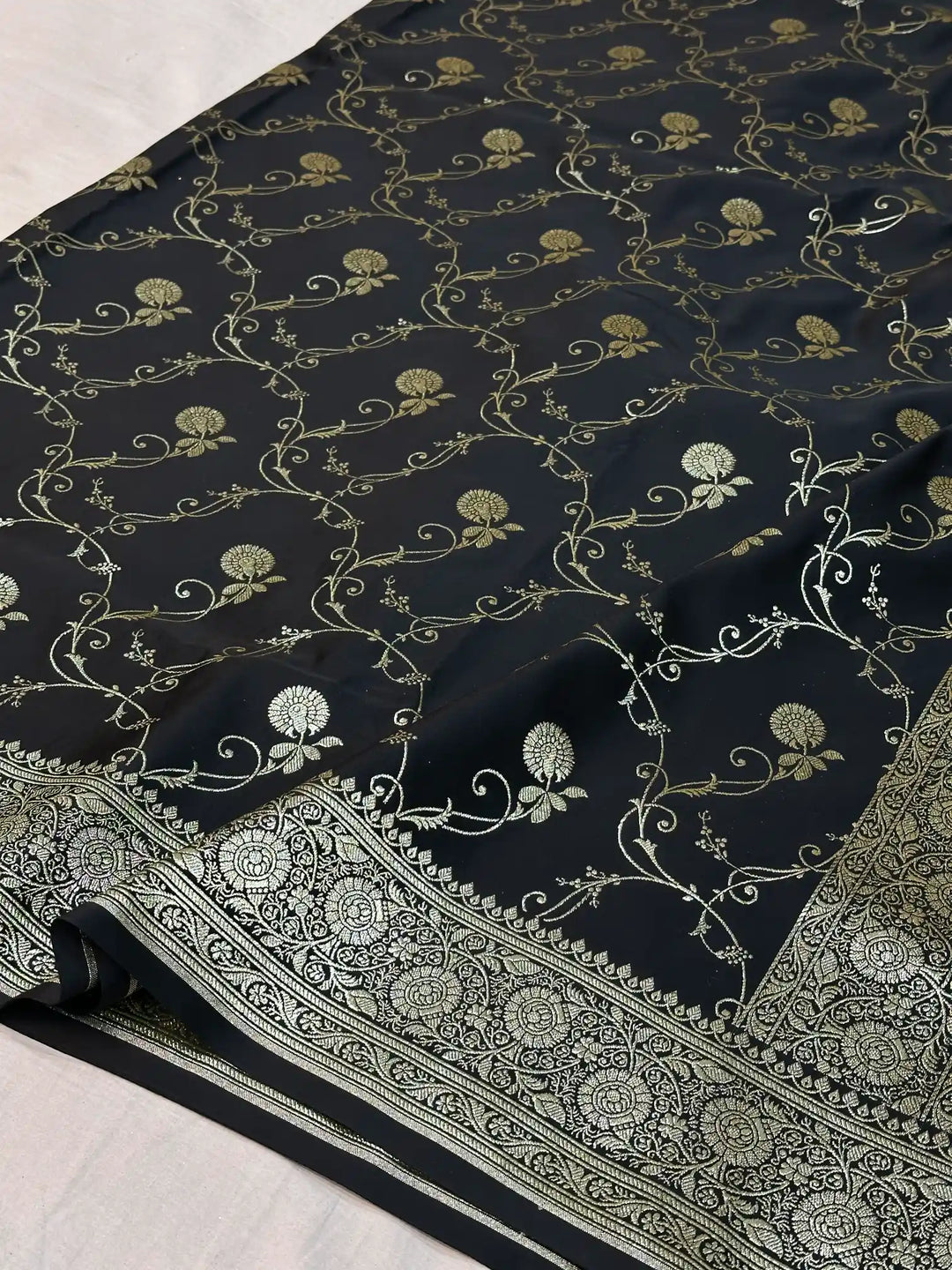 Black Satin Silk Saree with Rich Texture Design and Classical Pallu
