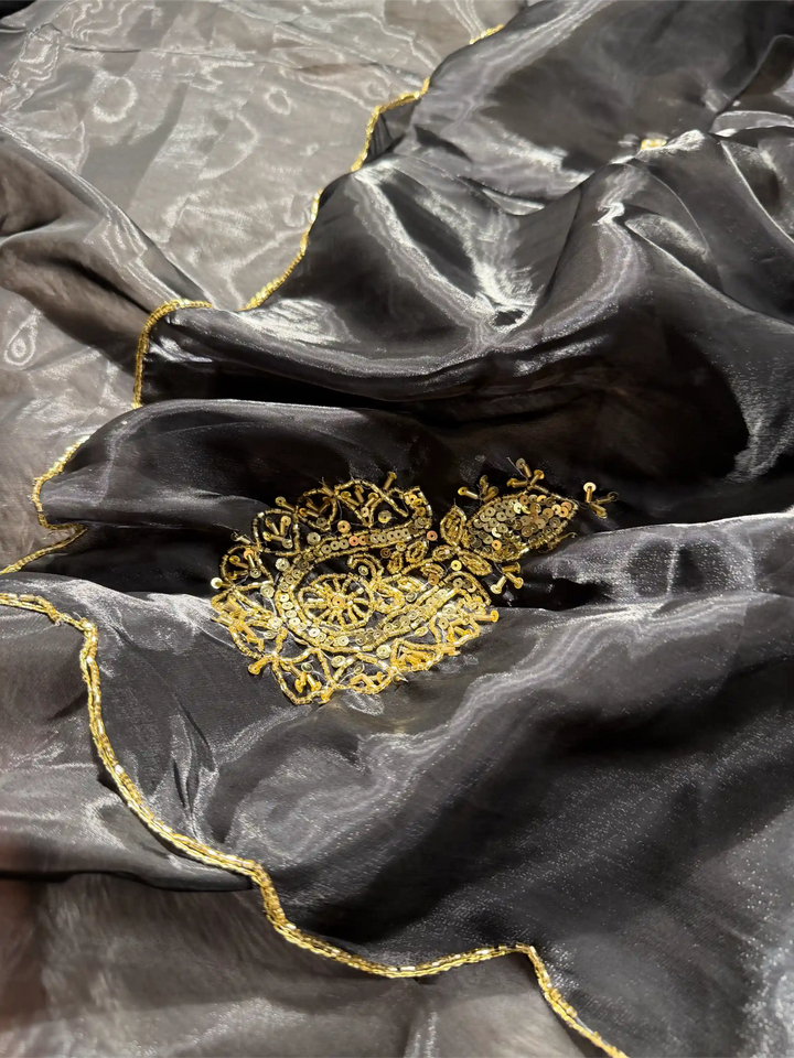 Black Shade Shimmery Tissue Silk Designer Saree