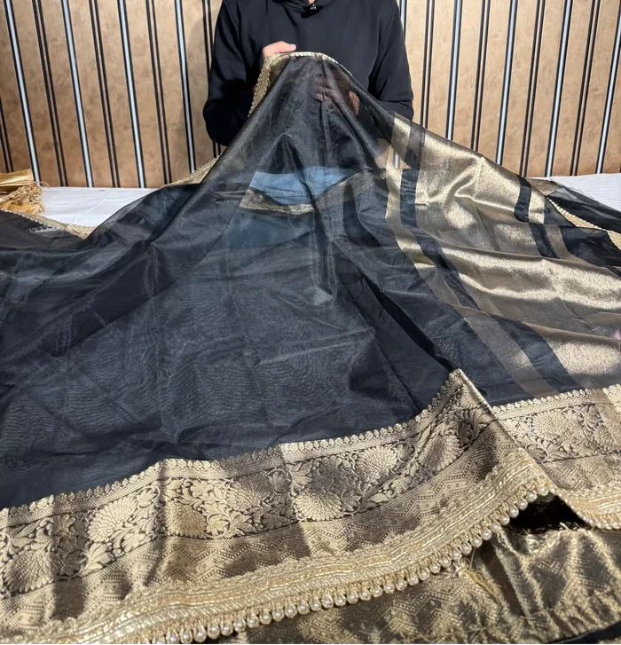 Black Tissue Silk Designer Lace Attached Banarasi Saree