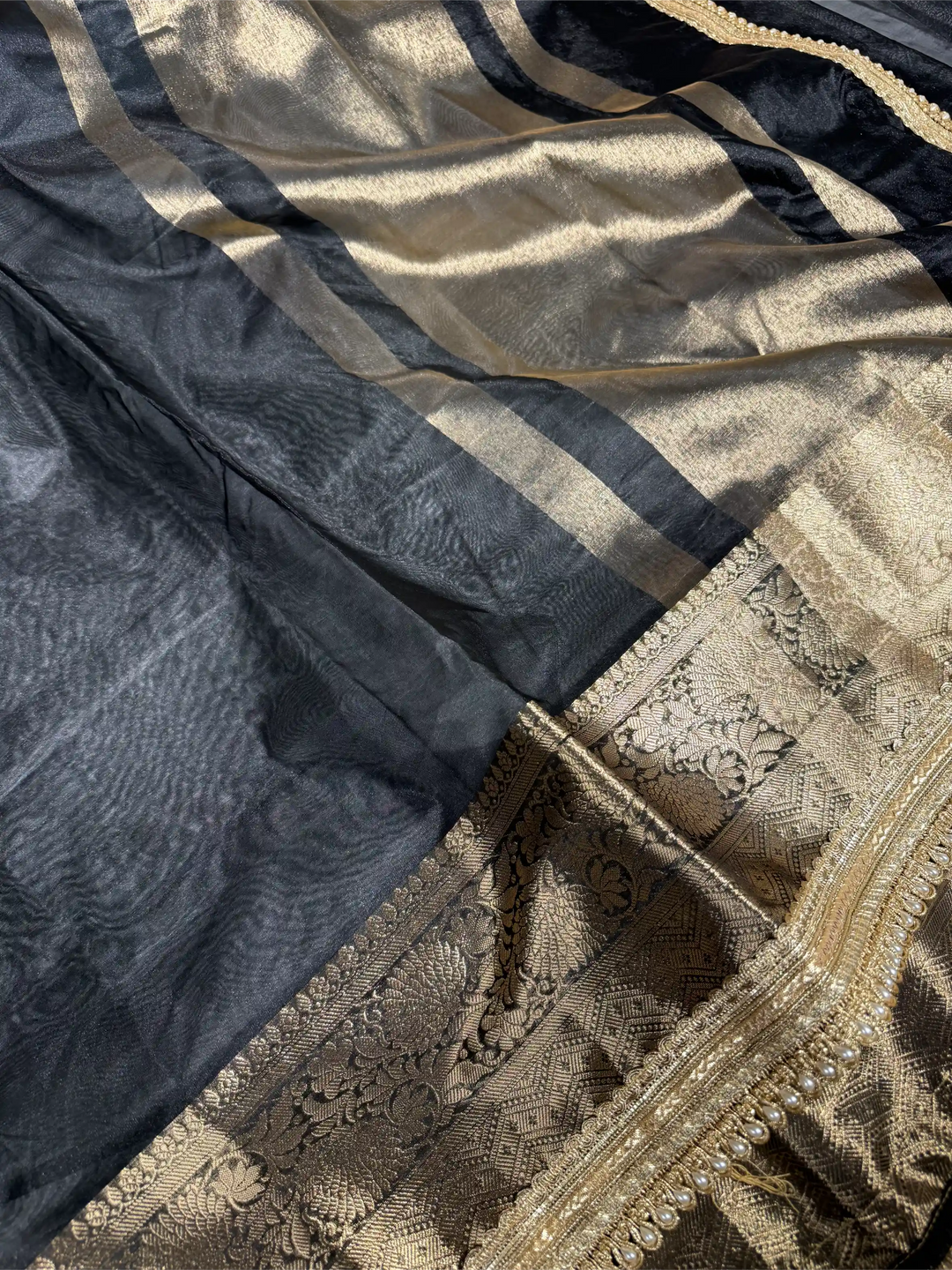 Black Tissue Silk Designer Lace Attached Banarasi Saree