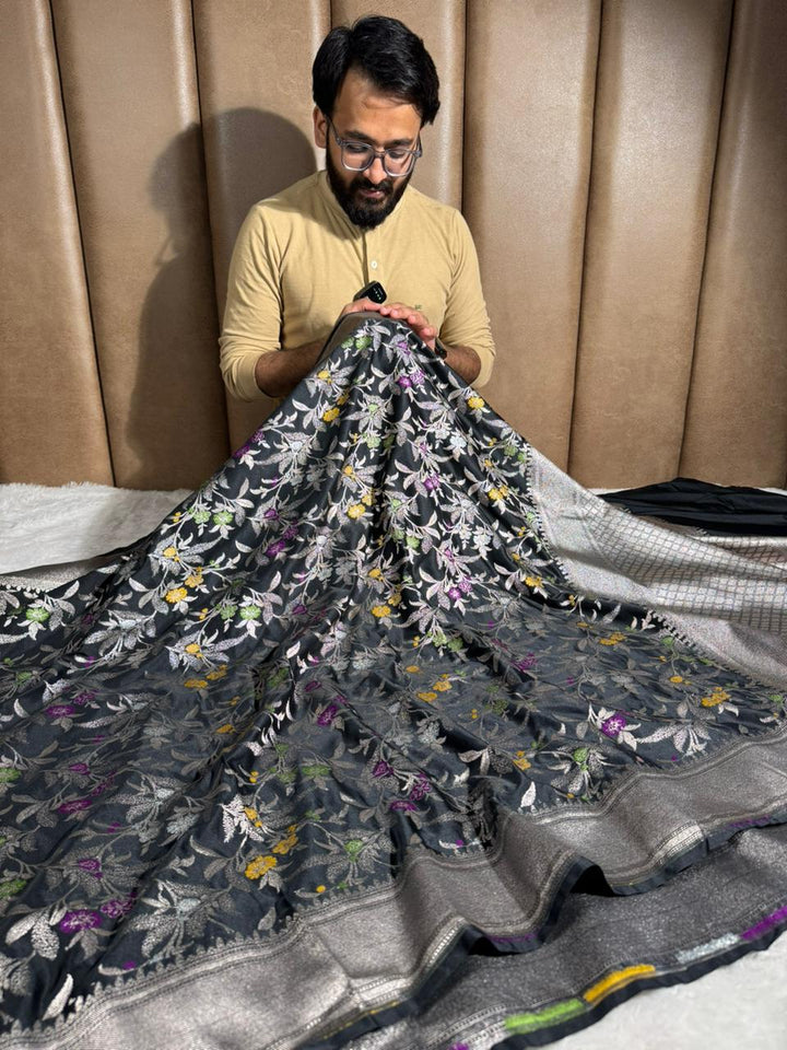 Black Mashru Katan Silk Meenakari Intricate Weave Banarasi Saree