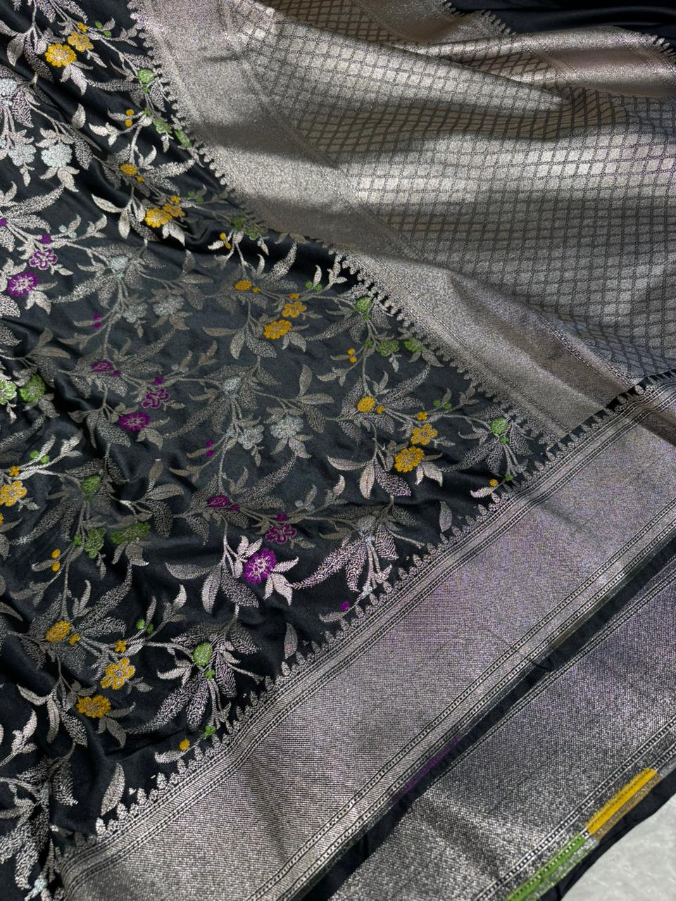 Black Mashru Katan Silk Meenakari Intricate Weave Banarasi Saree