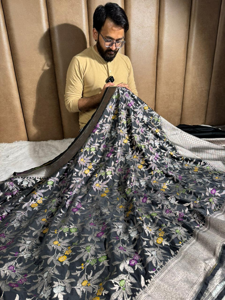Black Mashru Katan Silk Meenakari Intricate Weave Banarasi Saree