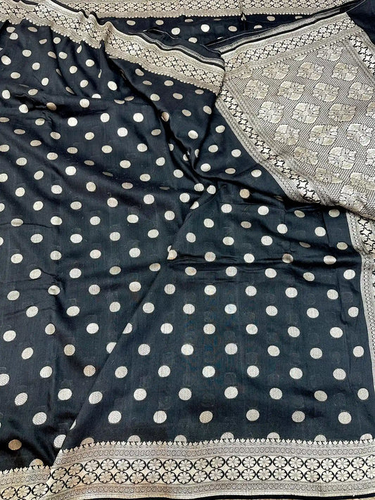 Black Polk Dots Munga Silk Banarasi Saree